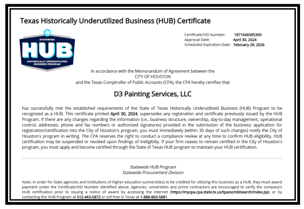 Texas Historically Underutilized Business (HUB) Certificate